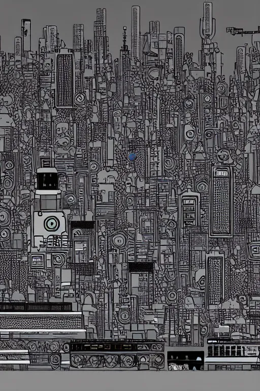 Prompt: drum machines and synththezisers cityscape, modular, in the style of akira, tron, sculpted by gaudi