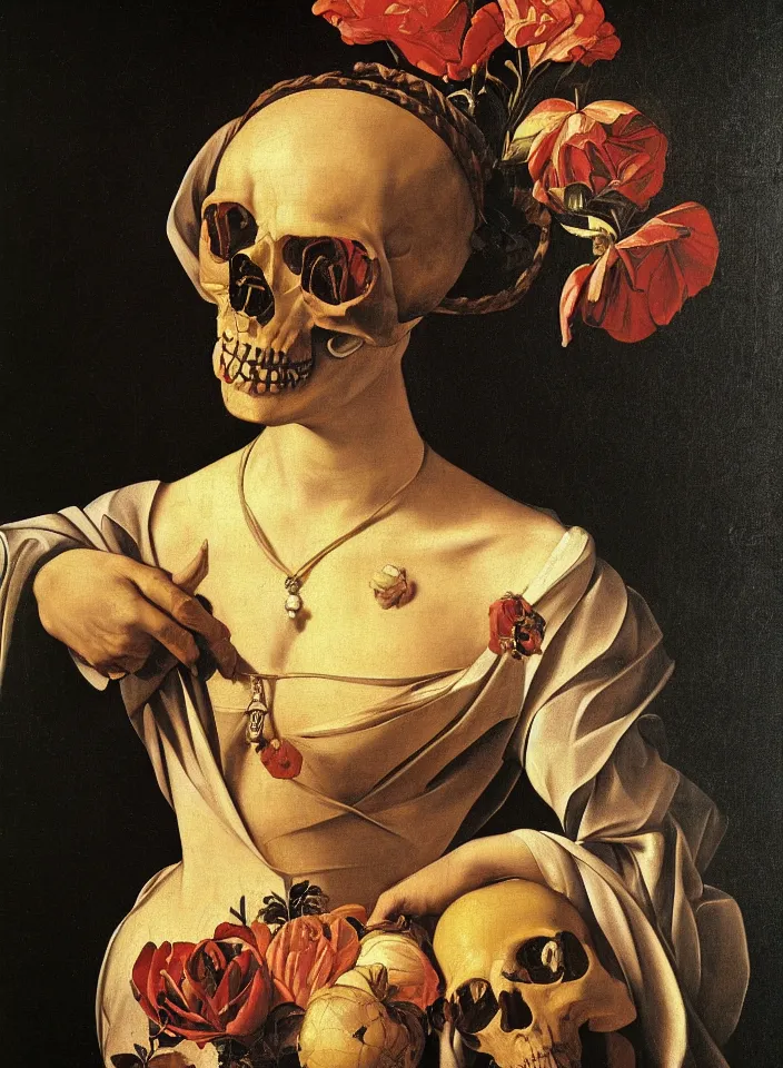 Prompt: portrait of a woman with a golden skull instead of a head in a dress of rose petals, oil painting in a renaissance style , very detailed, painted by Caravaggio.