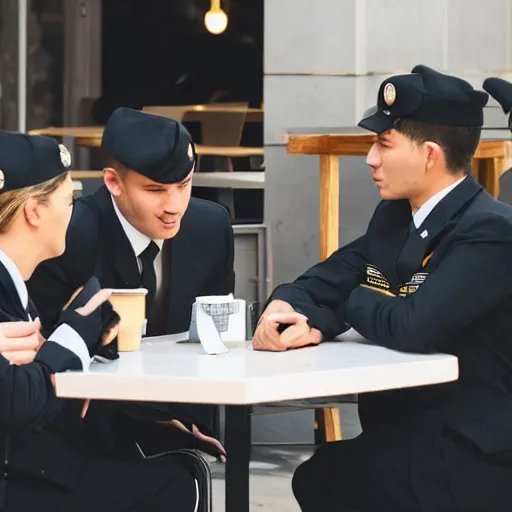 Image similar to special forces soldiers in black suits sitting at the cafe and drinking coffee