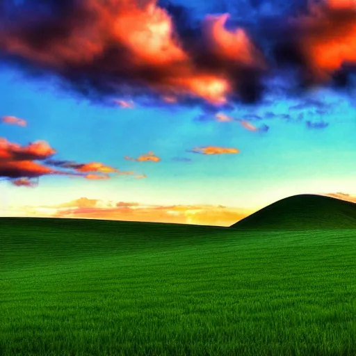 Prompt: windows xp default wallpaper, but during the dusk