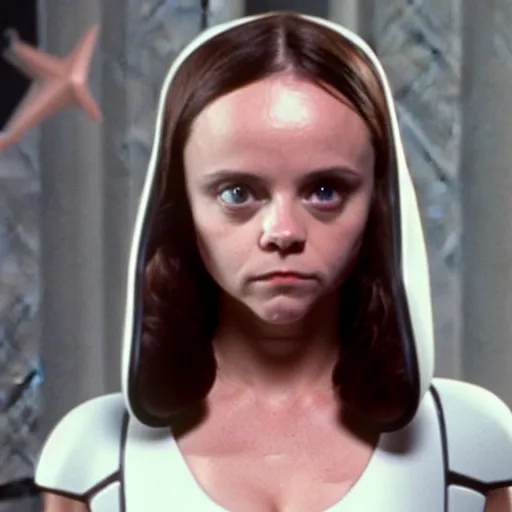 Image similar to christina ricci as a stormtrooper, taking her helmet off