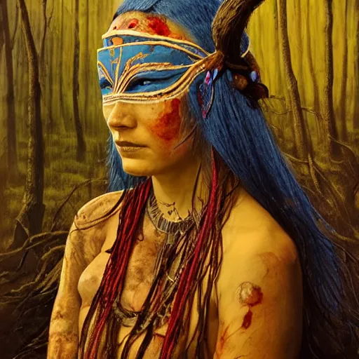 Image similar to A young blindfolded shaman woman with a decorated headband from which blood flows, in the style of heilung, blue hair and wood on her head. The background is a forest on fire, made by karol bak and james gurney