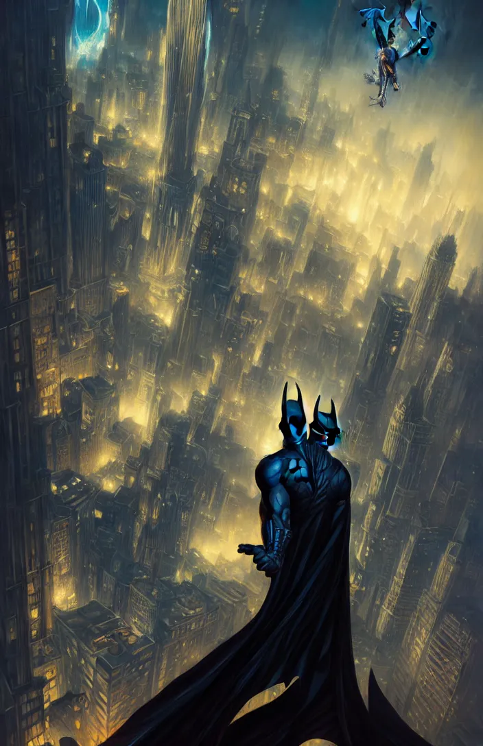 Prompt: batman standing over gotham city by karol bak, james jean, tom bagshaw, rococo, sharp focus, trending on artstation, cinematic lighting, hyper realism, octane render, 8 k, hyper detailed, vivid, ultra detailed, highly detailed