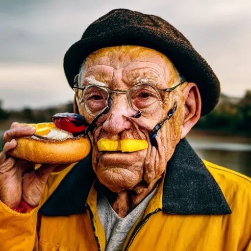Prompt: an elderly man wearing a mask made from a cheeseburger, bold natural colors, national geographic photography, masterpiece, 8 k, raw, unedited, symmetrical balance