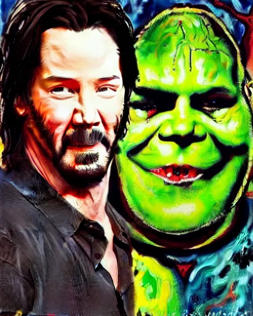 Prompt: jackson pollock painting of keanu reeves and shrek