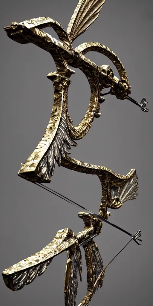 Image similar to beautiful physical detailed render of a sacred bow weapon made of crystal, the style of louis comfort tiffany, pascal blanche, zigor samaniego, paul pepera, ellen jewett, weapon design, mechanics, weapon model, feather, wing, exquisite, metal, structure, c 4 d, 3 d render,, unreal engines, light effect, 4 k hd