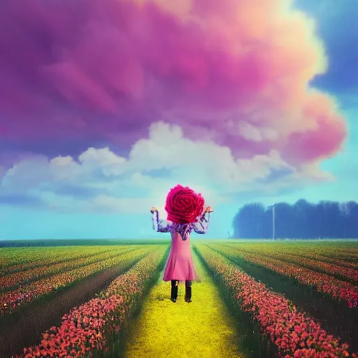 Image similar to woman with a rose flower face standing in flower field, surreal photography, sunrise, colorful clouds, artstation, simon stalenhag