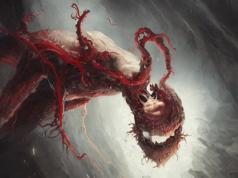 Image similar to painting by greg rutkowski of a flying human head with tears running down it's face face that is chalk white in color, with tentacles coming of the neck, fiery scorching red eyes, flying in a terrying hellish dark cavernous place