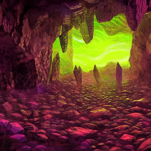 Image similar to a dark, foreboding cave with strange, glowing crystals, digital art, harsh lighting