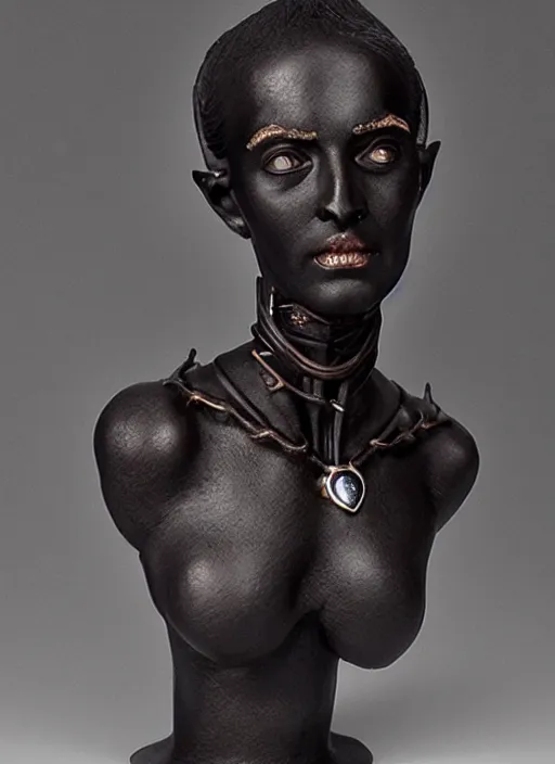 Image similar to a bust sculpture of anatomical detailed fantasy elvish character, very dark black skin, very beautiful, high forehead, high cheekbones, stylized, ceramic base, orthographic, studio lighting