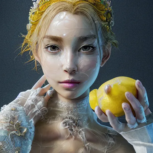 Prompt: the portrait of an absurdly beautiful, graceful, elegant, sophisticated, young girl made up of lemons, an ultrafine hyperdetailed illustration by kim jung gi, irakli nadar, intricate linework, bright colors, octopath traveler, final fantasy, unreal engine 5 highly rendered, global illumination, radiant light, detailed and intricate environment