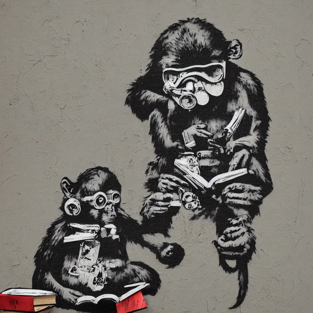 Image similar to Monkey reading a book, wearing a gas mask, graffiti, symbol, minimal, minimalism, edge to edge, solid color background intricate, highly detailed, smooth, sharp focus, detailed face, high contrast, art by banksy