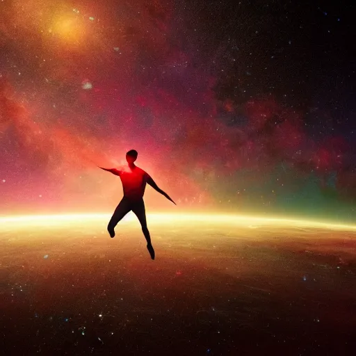 Prompt: wide shot of athletic man, floating toward an incredible light, silhouette, long shot, in a cosmic nebula background, thought provoking, matte colors, very very very dramatic lighting, inspiring digital art trending on artstation