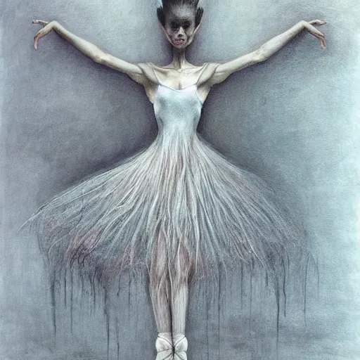 Image similar to beautiful ballerina inspired by giger, zdzislaw beksinski, cam de leon, and the art of stephen gammell