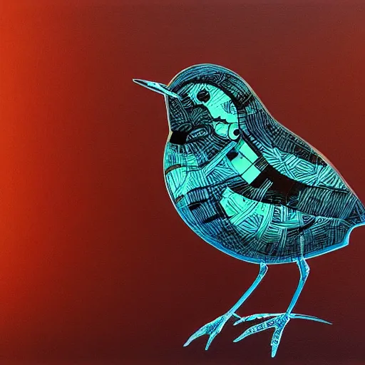 Image similar to a mechanical wren-bird, the background is the neon kernel mandala of a virtual world, oil on canvas by Yoji Shinkawa and Stina Persson