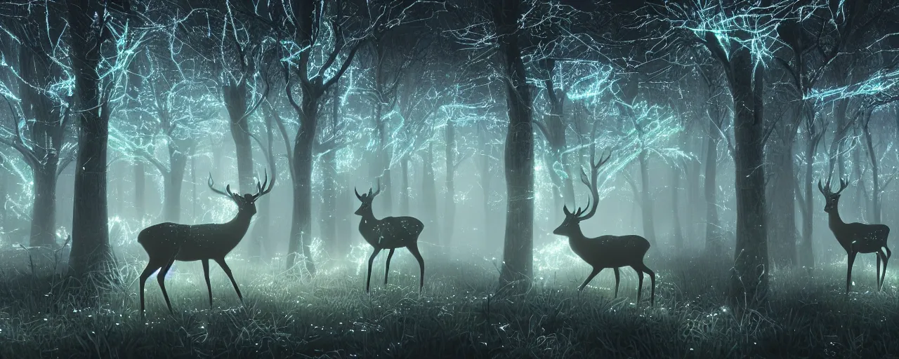 Image similar to deer in an ethereal electronic forest made from glowing circuits and electronics, highly detailed concept art, 3 d, dark, moody, led