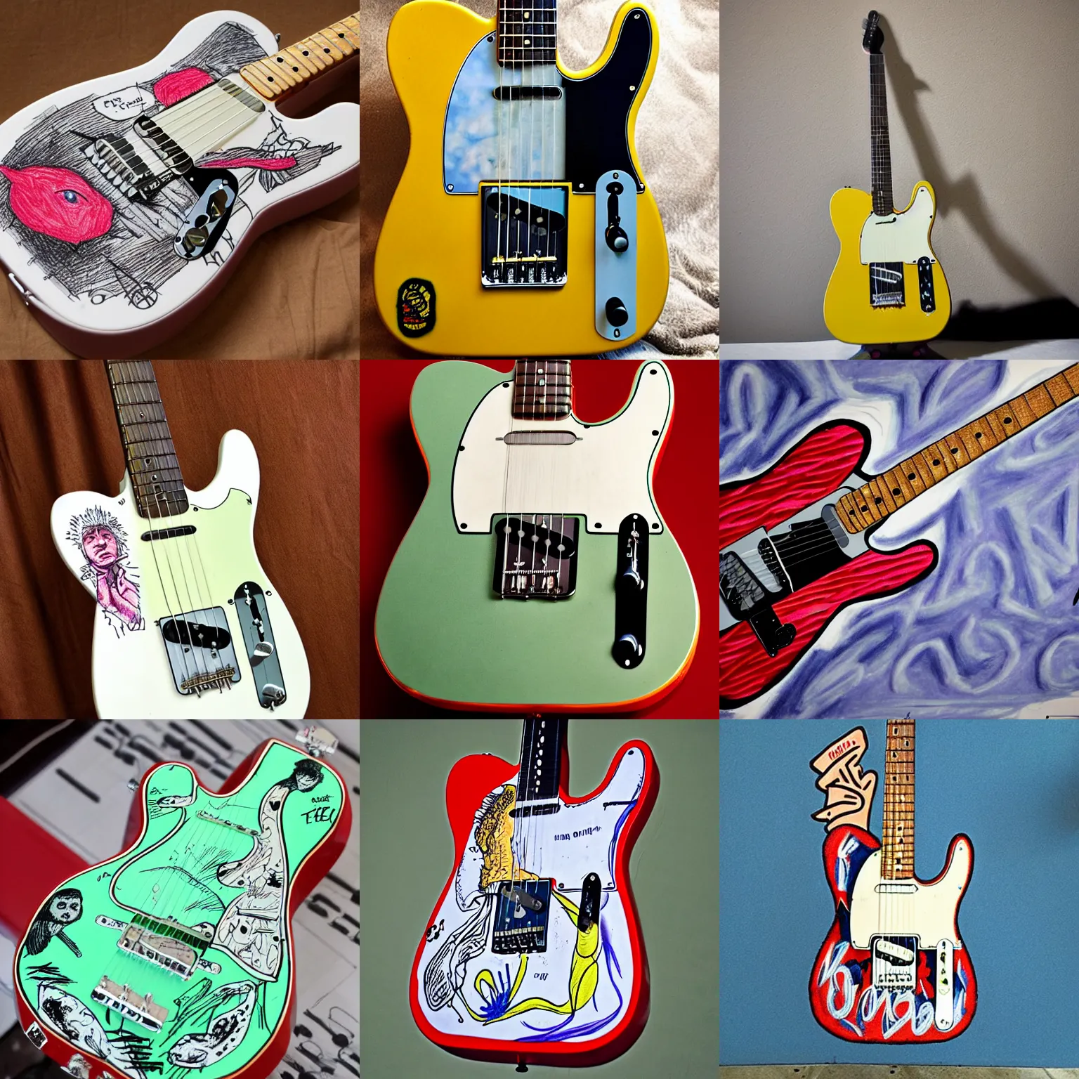 Prompt: fender telecaster with daniel johnston drawing on it