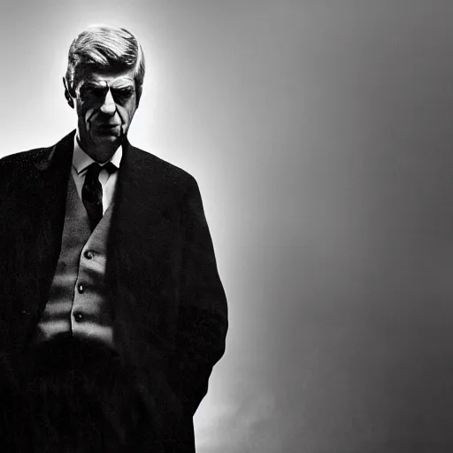 Image similar to arsene wenger as a 1 9 4 0 s gangster, noir, fog, serious, extreme detail, realistic, rain, atmospheric, cigarette in mouth, movie still, studio light 4 k