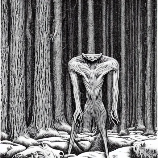 Image similar to wendigo in the woods of Maine illustration by Chris Van Allsburg