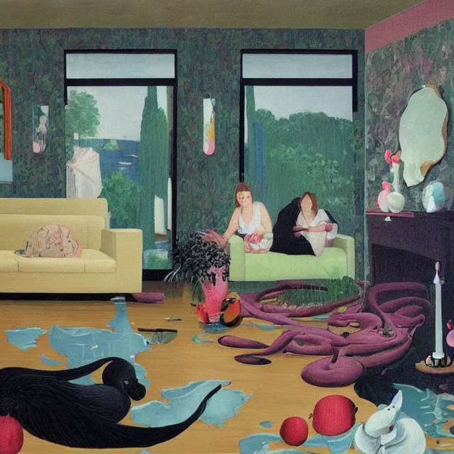 Image similar to female emo art student in her lounge room, painting of flood waters inside an artist's loungeroom, a river flooding indoors, pomegranates, pigs, ikebana, water, octopus, river, rapids, waterfall, black swans, canoe, berries, acrylic on canvas, surrealist, by magritte and monet