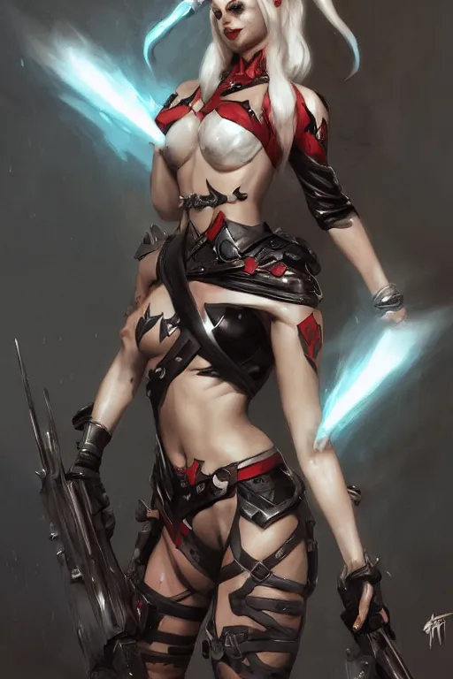 Prompt: portrait of dark eldar Harley Quinn in bikini armor, dc comics, cyberpunk, Warhammer 40000, dark fantasy, digital art from artstation by Ruan Jia and Mandy Jurgens and Artgerm and william-adolphe bouguereau