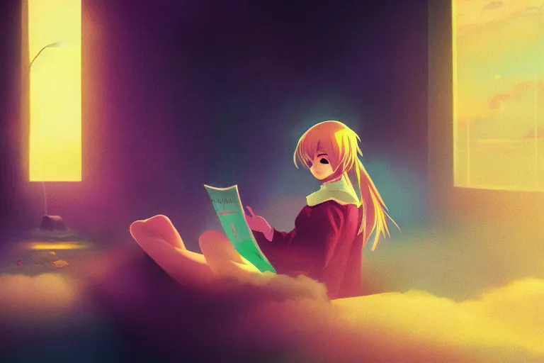 Image similar to a cute anime girl reading a book on a cloud relaxing, misty, glows, digital art, hazy, foggy, ambient lighting, 8 k, neon, synthwave,