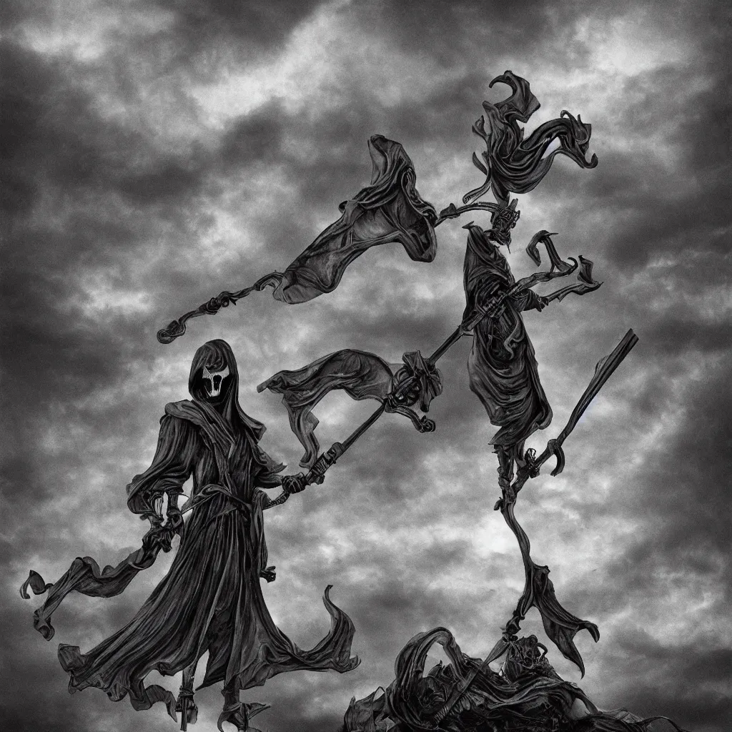 Prompt: grim reaper under the cloudy skies art fantasy black and white medieval linotype