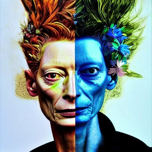 Prompt: a realistic yet sketched fierce neon tilda swinton, trending on artstation, by archan nair and marlene duma, intricate details, flowers, in the style of frank auerbach, in the style of martin ansin, in the style of david aja, in the style of mattias adolfsson