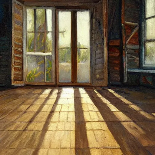 Image similar to oil painting of mostly empty cottage interior, one small window with sunlight shining onto the floor. artistic. cozy. wooden floor. rustic. solace.