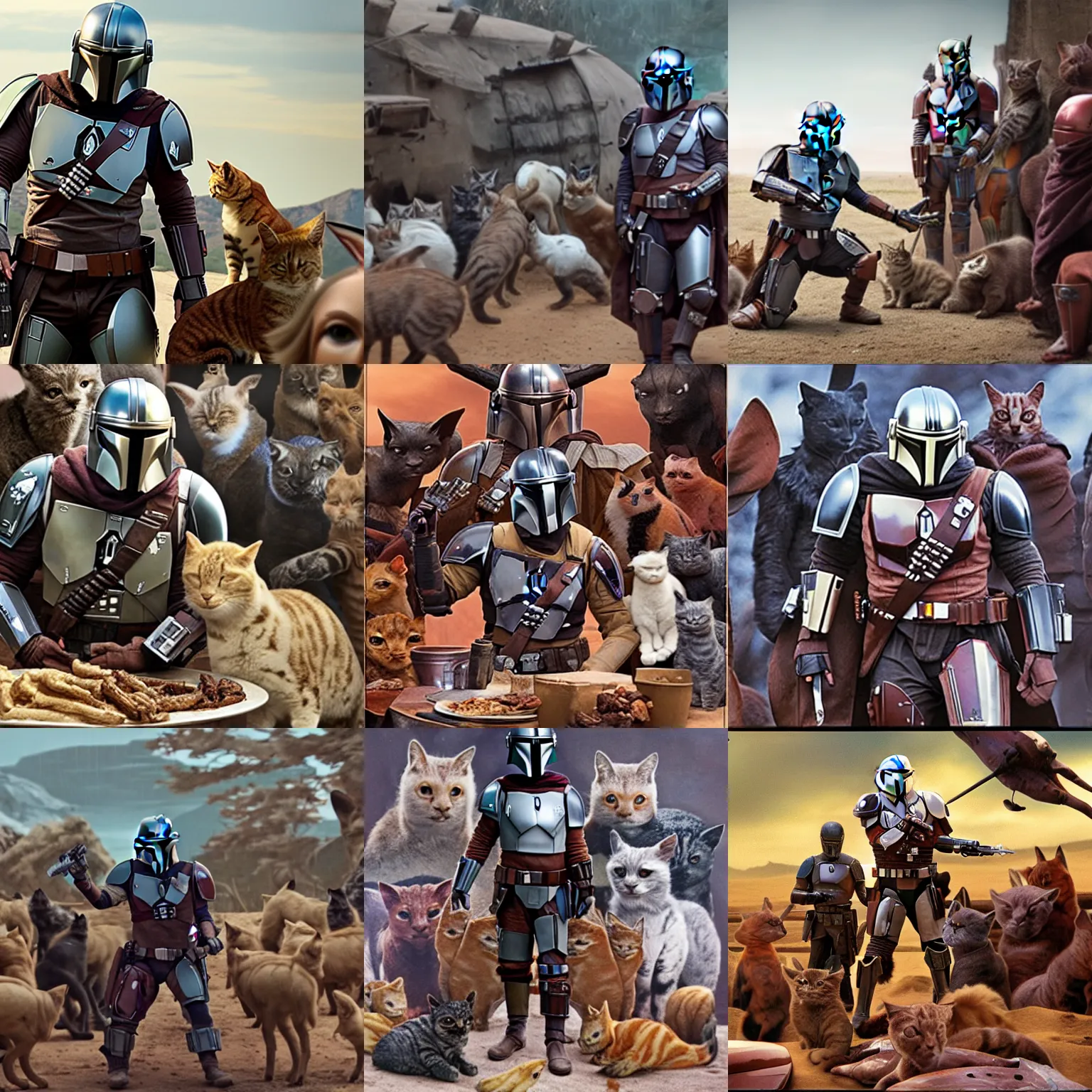 Prompt: The Mandalorian surrounded by a herd of cats begging for food