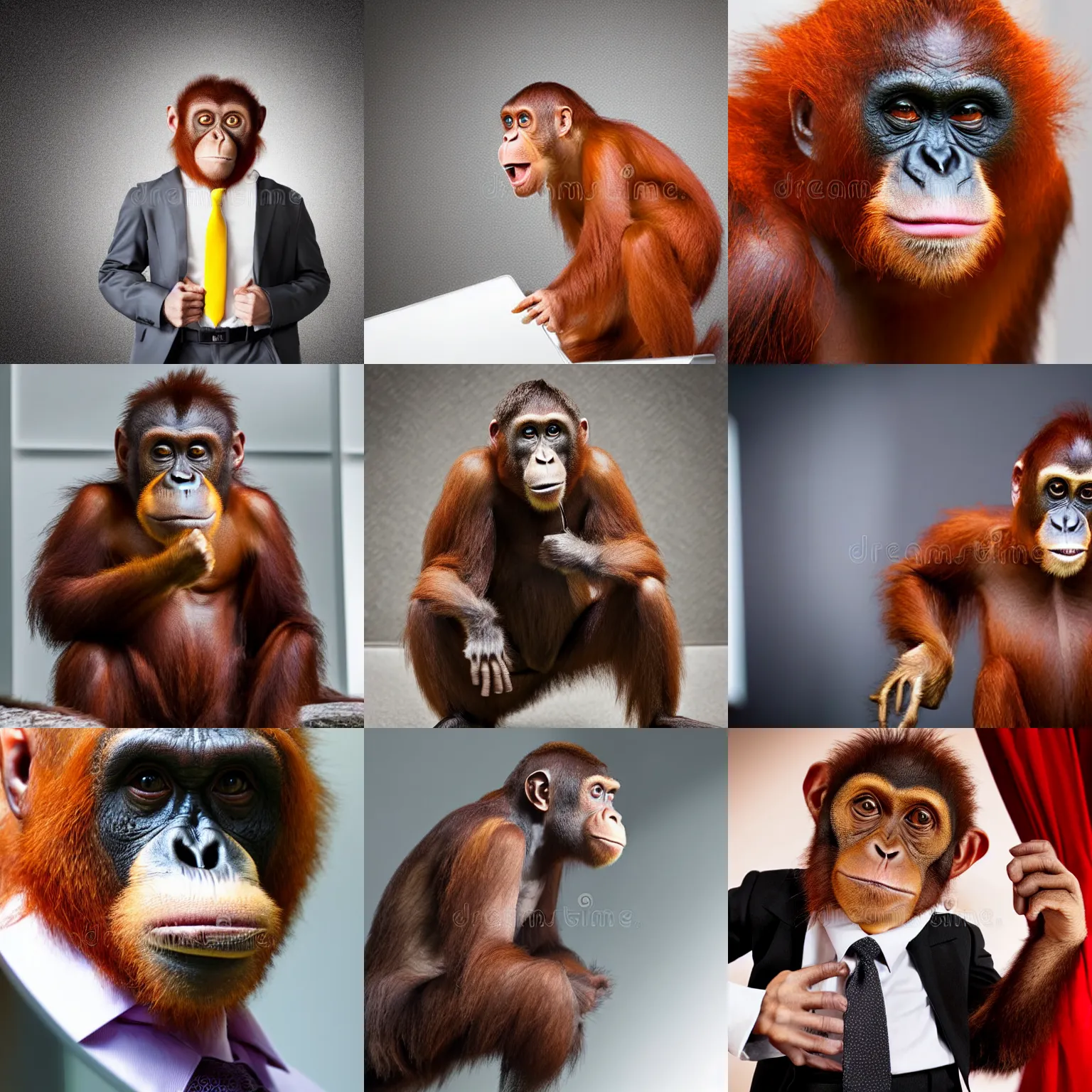 Prompt: business monkey in a business suit orangutan, wearing a suit, standing in front of a mirror, angry at mirror, photograph 5 5 mm zeiss f / 4 award winning photograph stock photo