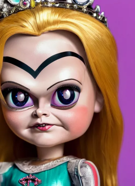 Image similar to closeup face profile portrait of a tin toy greta thunberg as the bride of chucky as a fairytale princess wearing a crown, bikini, depth of field, zeiss lens, detailed, fashion photoshoot, by nicoletta ceccoli, mark ryden, lostfish, breathtaking, 8 k resolution, extremely detailed, beautiful, establishing shot, artistic, hyperrealistic, octane render