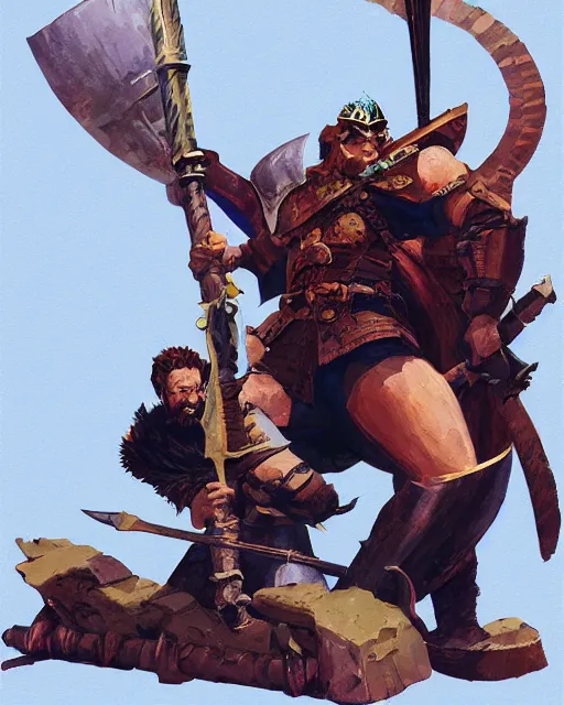 Image similar to hardwon surefoot, hirsute epic level dnd human fighter, wielding the godshammer, a magical war hammer, wearing magical armor. thick quads. full character concept art, realistic, high detail digital gouache painting by angus mcbride and michael whelan.