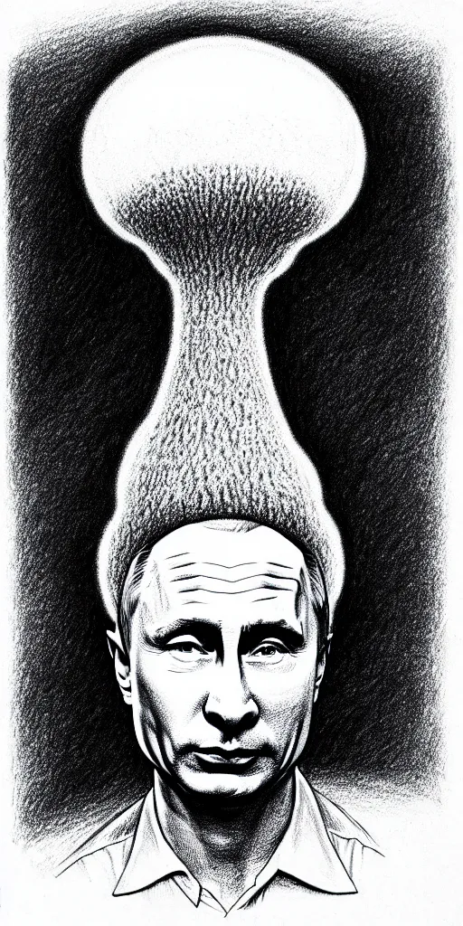 Image similar to vladimir putin wearing a nuclear mushroom cloud blast for a hat, cartoonish, ultra detailed pencil drawing