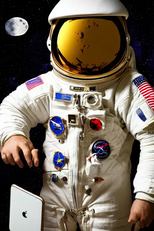 Prompt: extremely detailed studio portrait of space astronaut, holds a smart phone in one hand, phone!! held up to visor, reflection of phone in visor, moon, extreme close shot, soft light, golden glow, award winning photo by eolo perfido