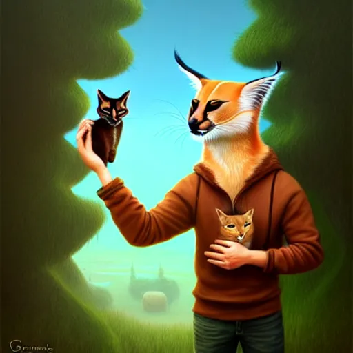 Image similar to Portrait of Ryan Gosling holding cute caracal in hands, Funny cartoonish by Gediminas Pranckevicius