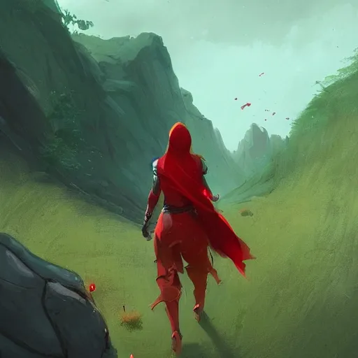 Image similar to a beautiful illustration of a woman with red hood walking between rocks, by greg rutkowski, digital artwork, artstation, cgartists, conceptartworld, deviantart, magic the gathering artstyle, floating magical rocks, lush green meadow