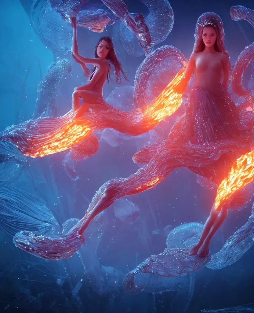 Image similar to close-up portrait of a beautiful princess floating in ethereum surrounded by floating jellyfish, energy flows of fire and water, flashes of plasma, 3d with depth of field, blurred background, a highly detailed epic cinematic concept art CG render. made in Maya, Blender and Photoshop, octane render, excellent composition, cinematic dystopian brutalist atmosphere, dynamic dramatic cinematic lighting, aesthetic, very inspirational, arthouse. y Greg Rutkowski, Ilya Kuvshinov, WLOP, Stanley Artgerm Lau, Ruan Jia and Fenghua Zhong