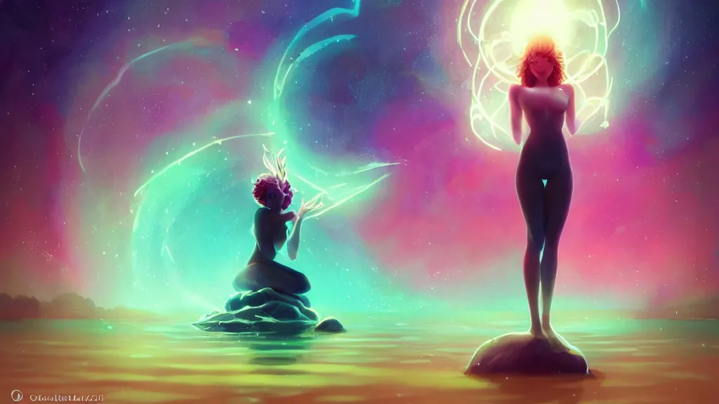 Image similar to one beautiful whimsical goddess standing in a lake basking in the moonlight, casting a spell, underneath a multi-colored binary blackhole with an accretion disc, glowing trails following her arms, acidwave, by Lois van Baarle, by Greg Rutkowski, by artgerm, by beeple, by studio ghibli, cinematic angle, volumetric lighting, 4k resolution, octane render, trending on artstation, masterpiece