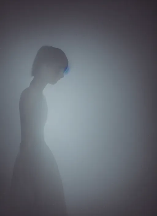 Prompt: a detailed dark female silhouette, bright glowing translucent aura, fog, film grain, cinematic lighting