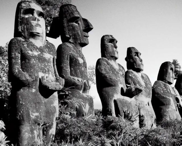 Image similar to black and white noir film. moai, the lords of cannabis. plants everywhere.