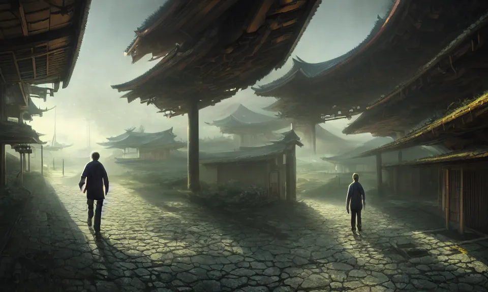 Image similar to Futuristic matte painting of Bill Gates walking through a futuristic abandoned japanese village, volumetric light scattering, highly detailed, digital art, Andreas Rocha, Greg Rutkowski, Darek Zabrocki, ArtStation, CGSociety, Unreal Engine, 4K, 8K