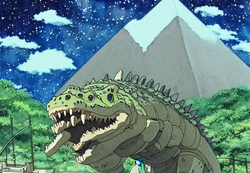 Image similar to a hyperrealist watercolor concept art from a studio ghibli film showing a giant mechanized crocodile from howl's moving castle ( 2 0 0 4 ). a pyramid is under construction in the background, in the rainforest on a misty and starry night. a ufo is in the sky. by studio ghibli