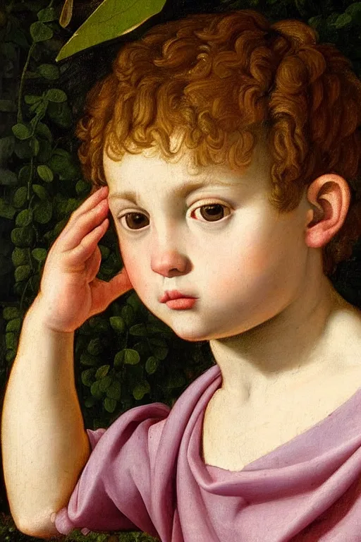 Image similar to renaissance painting of young boy in the garden, closeup, short hair, interest face, emotions closeup, dressed in roman armour, the beautiful garden with birch leaves everywhere, ultra detailed, art by Guido Reni style, Vincenzo Catena style