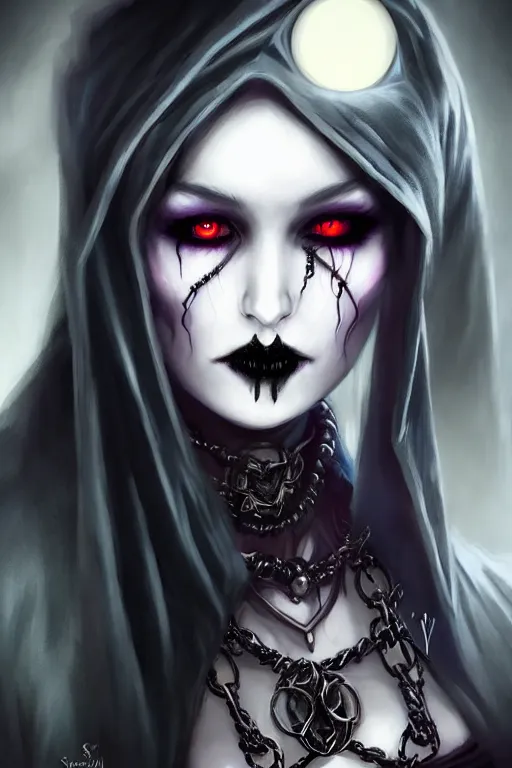 Prompt: hyper realistic portrait art of a female drow necromancer, wearing gothic trinkets, beautiful face, dark hooded robes, moonlit, ghostly atmosphere, spirits, long dark hair, by stanley artgerm lau, wlop, rossdraws, james jean, andrei riabovitchev, marc simonetti, and sakimichan, tranding on artstation