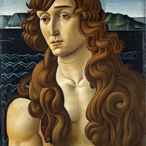 Image similar to a Greek man with long brown hair, full body, Sandro Botticelli