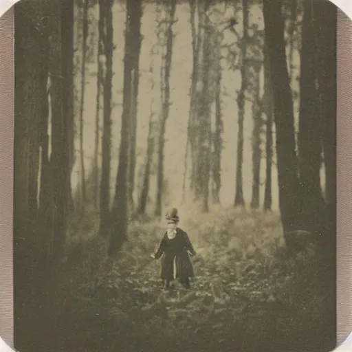 Image similar to Polaroid photo of Victorian child hovering in the clearing of a forest