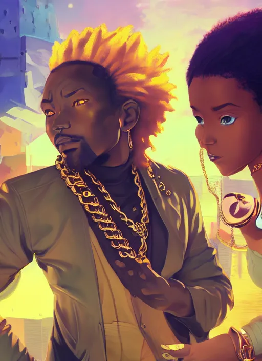 Image similar to afro - futurist gangstas, weapons and gold chains, jacking the metaverse | hyperrealistic oil painting | by makoto shinkai, ilya kuvshinov, lois van baarle, rossdraws | afrofuturism, in the style of hearthstone, trending on artstation | dark color scheme