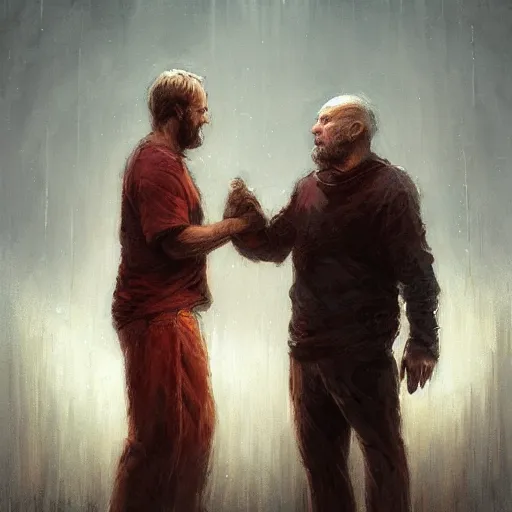 Prompt: prodigal!!!!!!!!!!!! son!!!!!!!!!!!! meets running!!!! father!!!!!!!!!!!! detailed beautiful portrait painting by Anato Finnstark, Noah Bradley, Raymond Swanland, and Steven Belledin, 8k resolution, deviantart, trending on Artstation, concept art, digital illustration