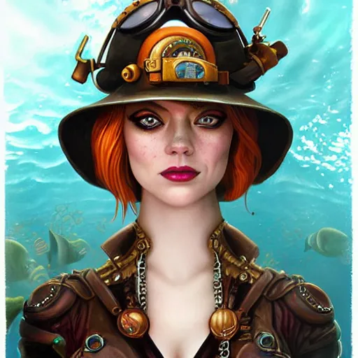 Prompt: underwater steampunk pirate portrait of emma stone, pixar style, by tristan eaton stanley artgerm and tom bagshaw.